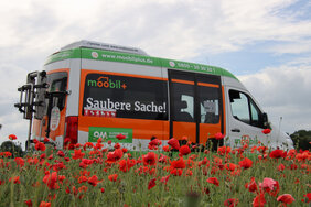 Mobil Bus mit Mohn im Vordergrund